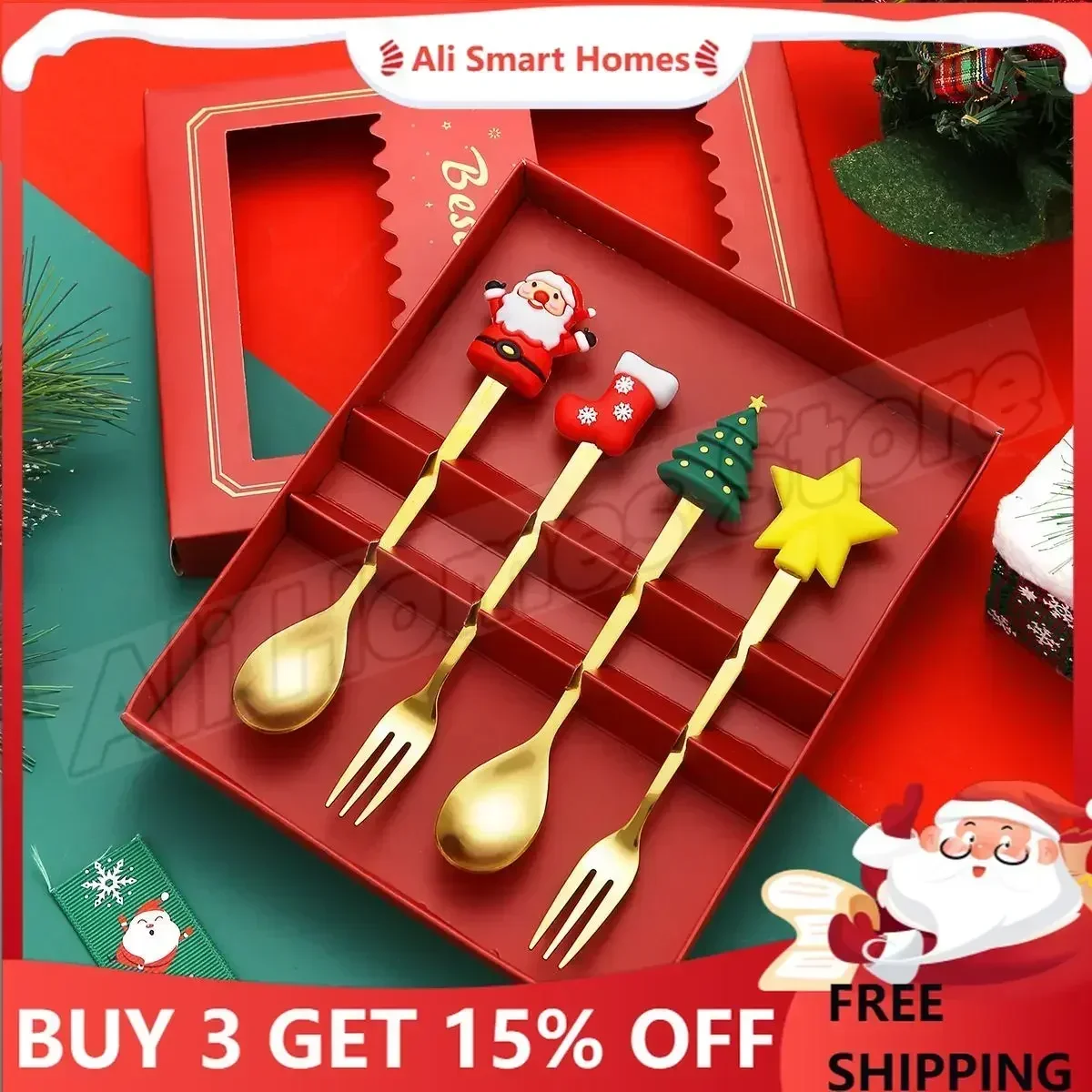 Christmas Stainless Steel Cutlery Set Dessert Spoon Forks Christmas Gifts Elk Christmas Decoration 4Pcs Coffee Spoon Cutlery Set