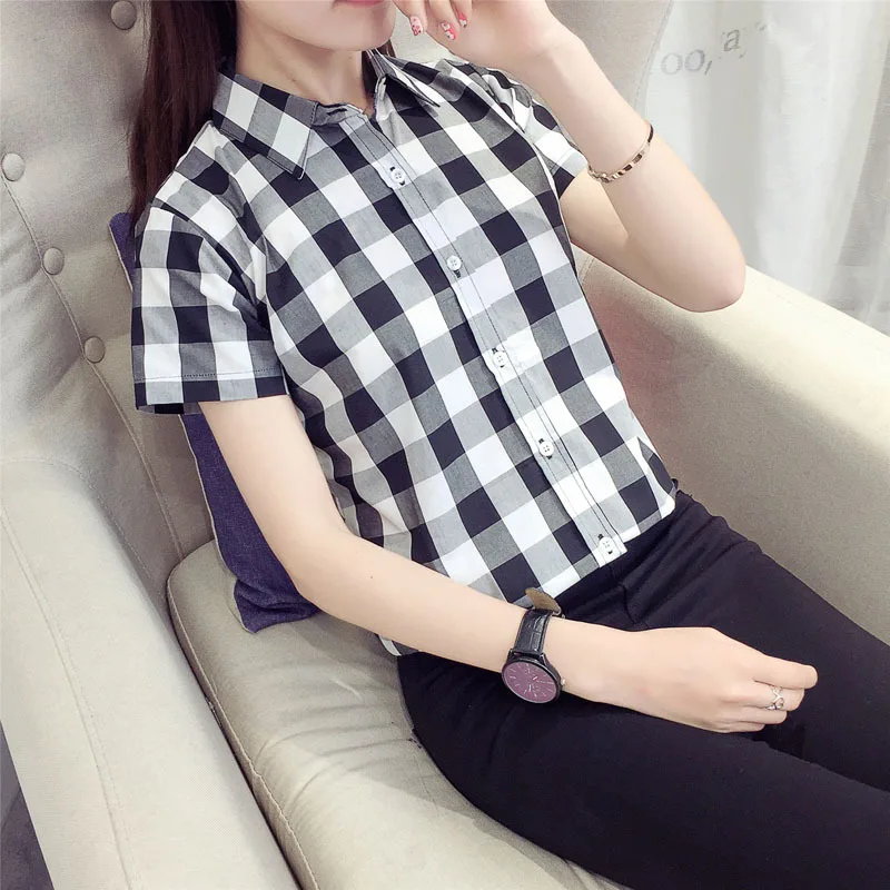 Casual Cotton Plaid Shirt Women 2023 Summer Female College Style New Short Sleeve Shirt Women Plaid Blouses and Tops Clothes