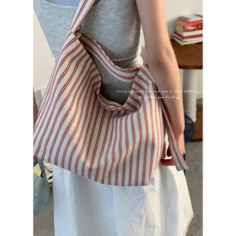 

Korean Striped Canvas Bag for Women 2025 New Fashion College Style Tote Casual Large Capacity Bucket Bags