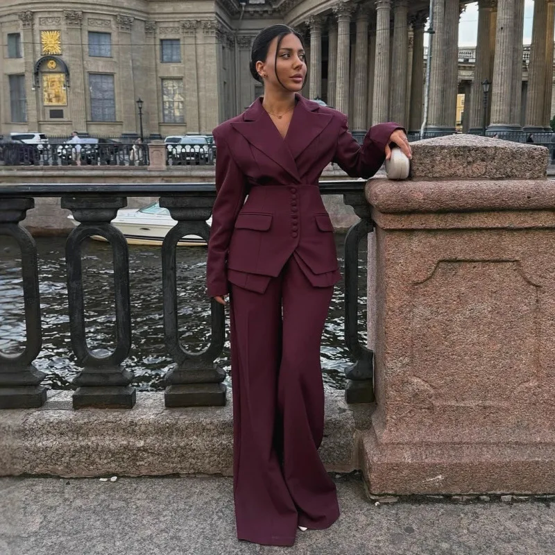 

Women Suit Set Burgundy 2 Pcs Blazer+Pants Trousers Spring Autumn Cotton Jacket Formal Office Lady Wedding Guest Birthday Coat