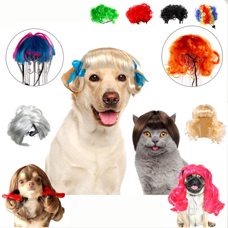 Halloowen Pet Wigs Cosplay Props Dog Cat Cross-Dressing Hair Set Hat Costumes Head Accessories Christmas Prank Costumes DIY