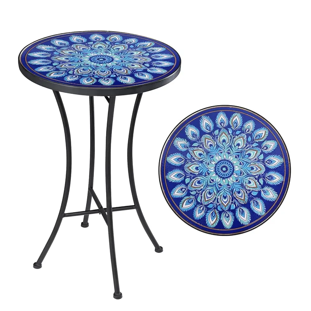 

Mosaic Outdoor Side Table, 14"" Round Folding Plant Stand For Patio Garden Backyard Balcony Porch Indoor Accent End Table For