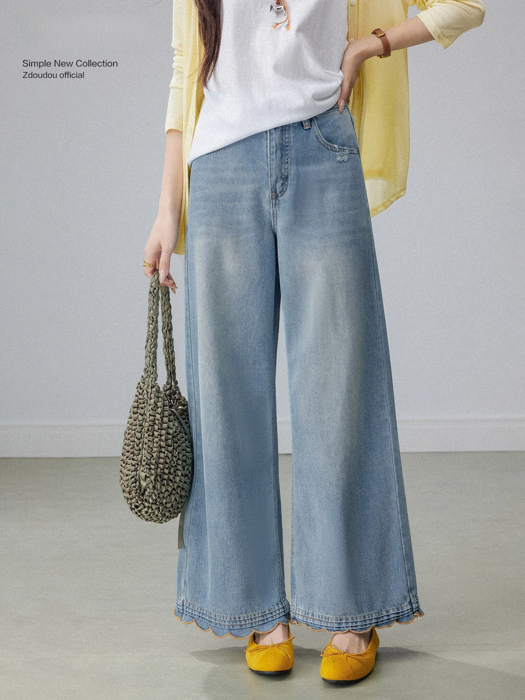 

High Waist Straight Leg Blue Lace Trim Denim Jeans Women's Spring New Loose Slimming Wide Leg Pants Fashionable Casual Trousers