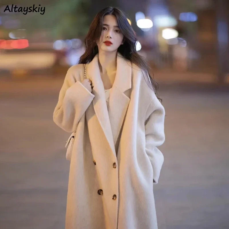 Blends Long Coats for Women Winter Elegant French Style Classy High Street Double Breasted Overcoats Aesthetic Fashion Ladies