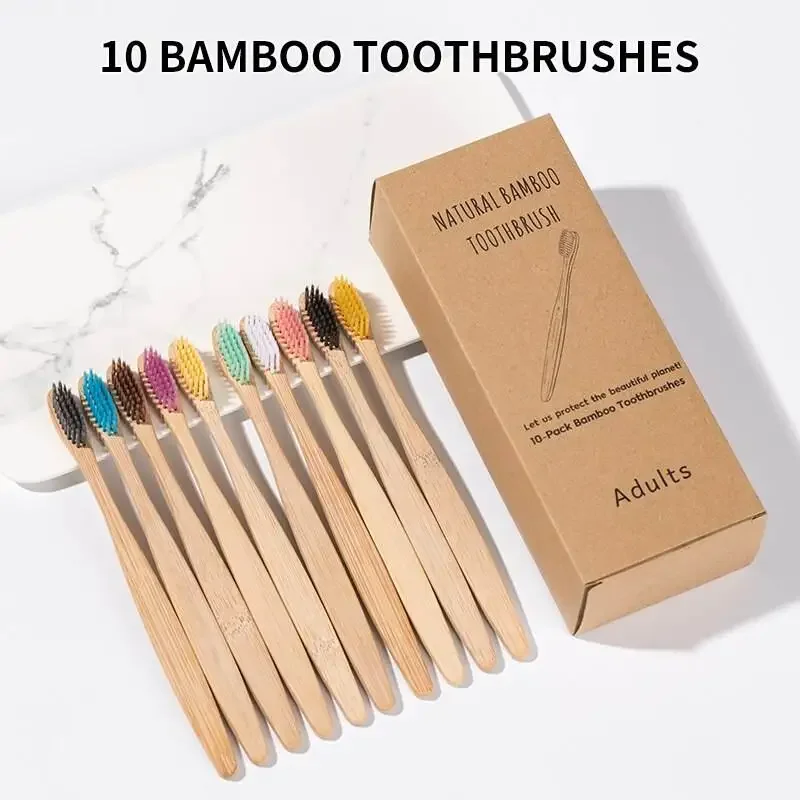 10PCS mixed color bamboo toothbrush Eco Friendly wooden Tooth Brush Soft bristle Tip Charcoal adults oral care toothbrush