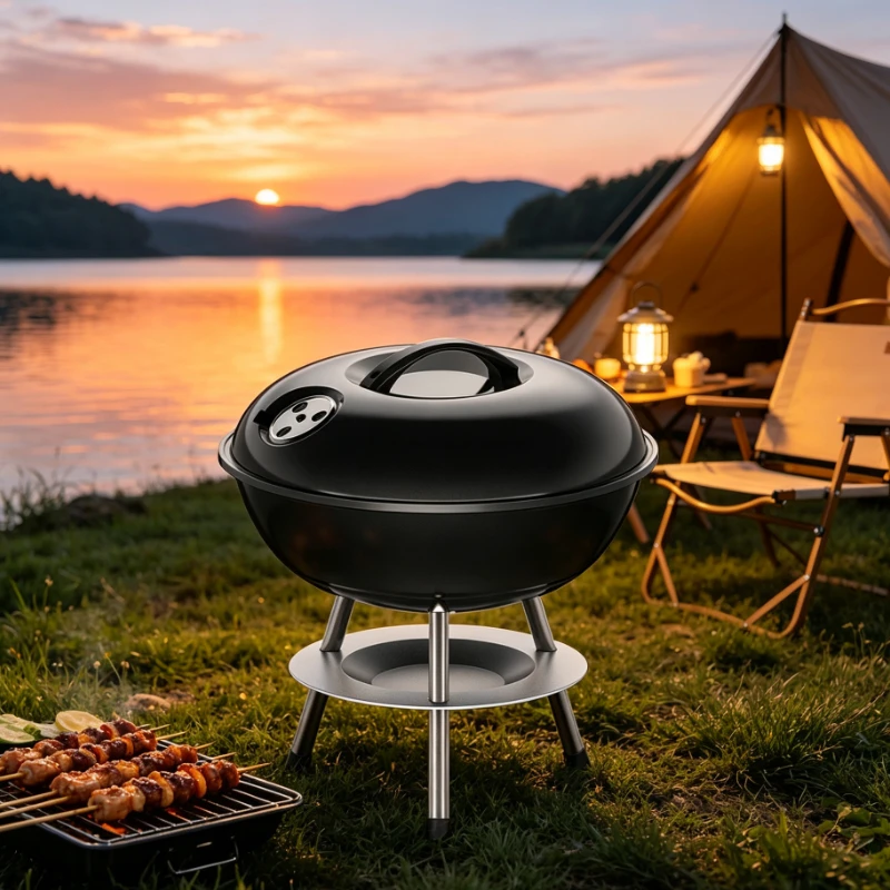 Portable Charcoal Kettle Grill with Lid and Tripod Stand Outdoor Camping Garden Barbecue Smoker for 2 to 4 People Black