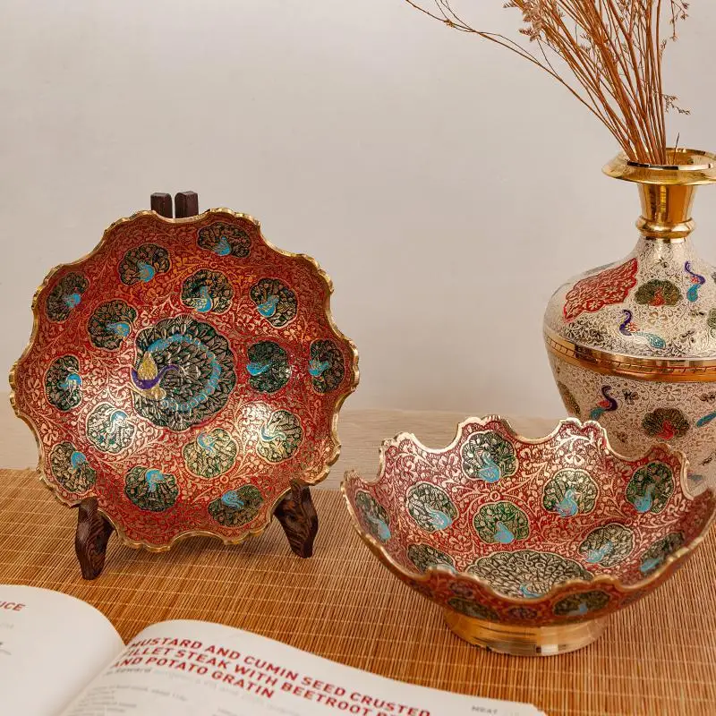 Fruit plate Indian copper painted retro snack snack plate Household Buddha offering high-footed refreshment plate decorative