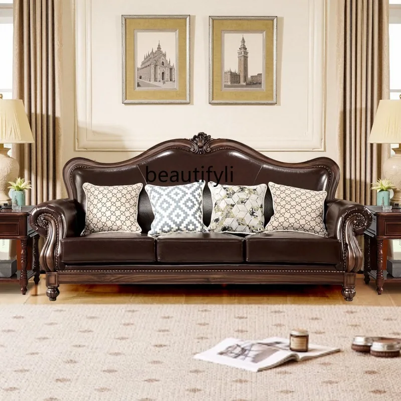 American leather sofa solid wood first layer cowhide sofa living room leather sofa combination