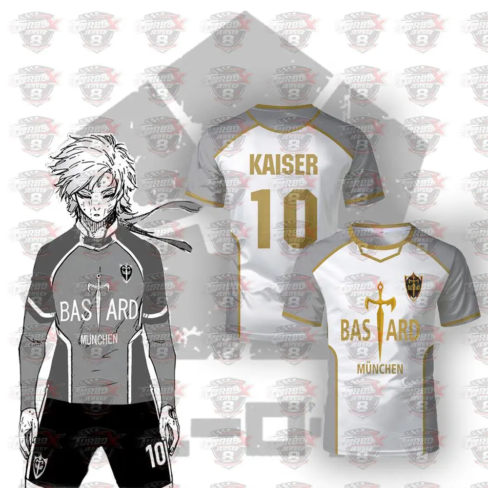 Image of Blue Lock Anime Bastard München Trikot Weiß Maillot Herren Fußball T-Shirt Kaiser Isagi Cosplay Tops Atmungsaktive Sport-Herren-T-Shirts