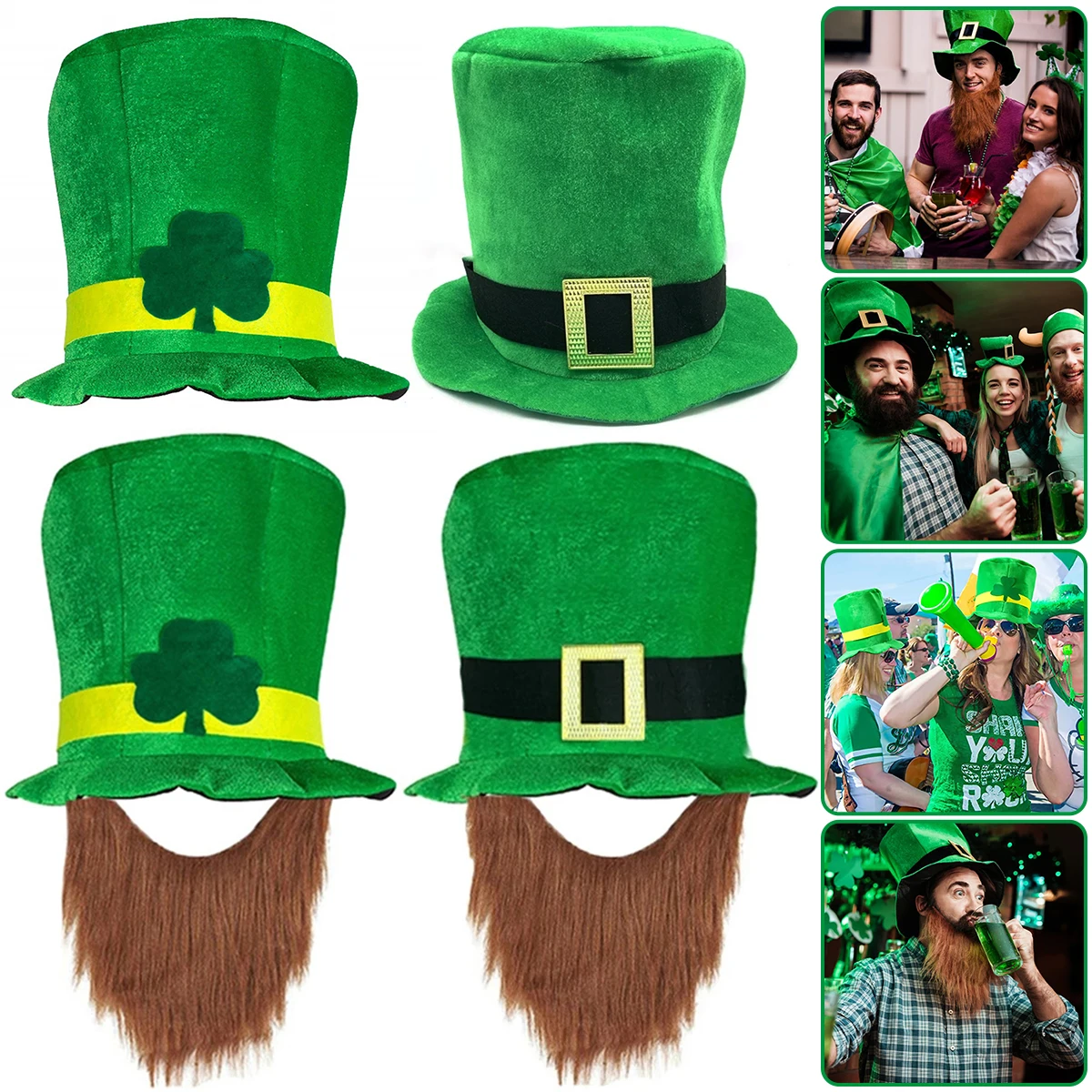 Sombrero de copa del Día de los Saint Patricks, traje de celebración verde de barba falsa, suministros de decoración de fiesta de cumpleaños,