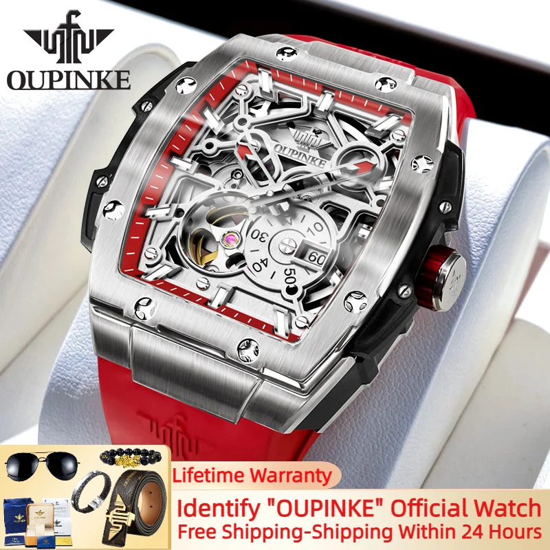 

OUPINKE Hollow Out Fully Automatic Men's Watch Imported Movement Trendy New Styles Silicone Strap Sapphire Mirror Men Wristwatch