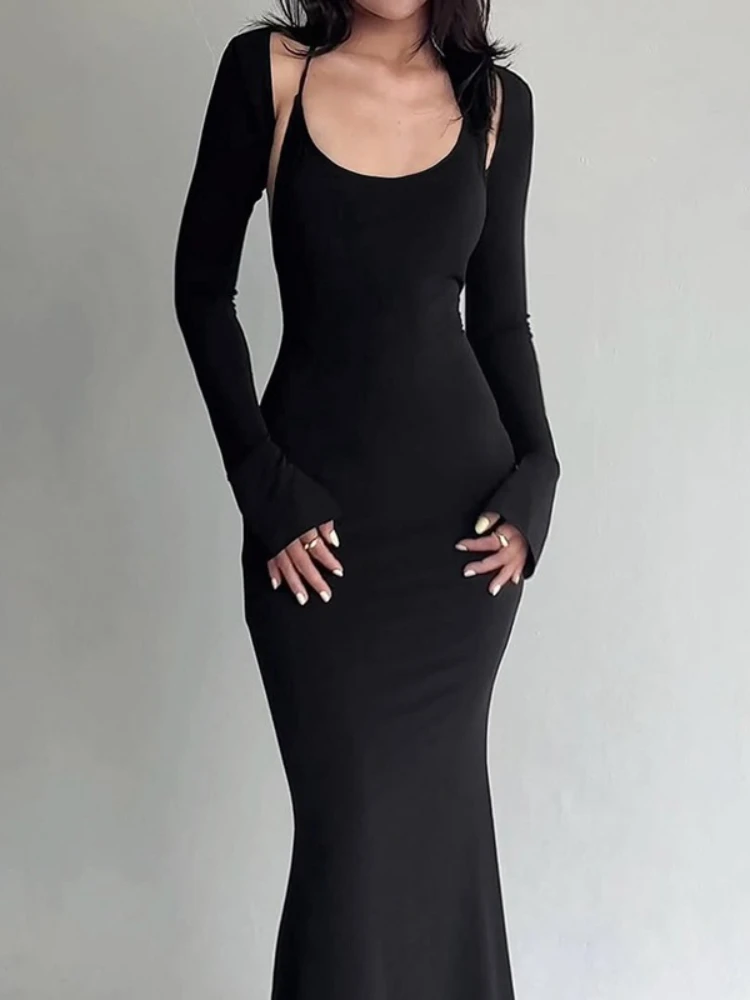 

2025 Women Long Sleeve Cardigan Tops and Long Dress 2 Pieces Set Lady Sexy Halter Backless Bodycon Party Dresses Suit Streetwear
