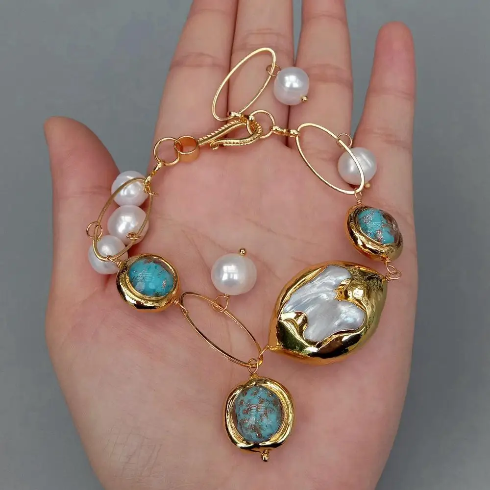 KKGEM 16mm Blue Murano Glass Gold Plated 22x32mm Mother Of Pearl Shell Cultured Pearl  Bracelet Women Jewelry Gift