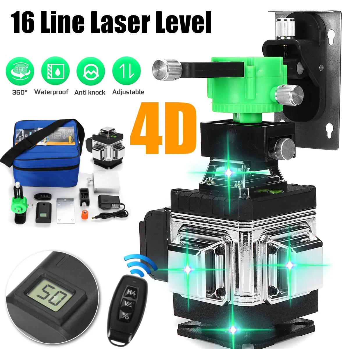 FASGet 16 Lines 4D Laser Level Green Line 360 Degree Horizontal Vertical Cross  Self Leveling Laser Level 110-220V