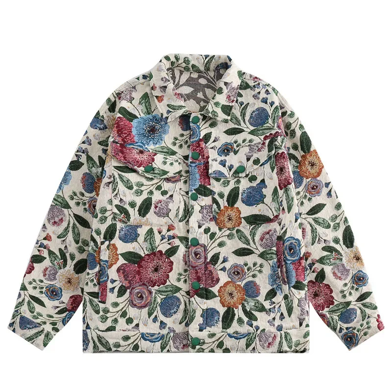 Mens Denim Jacket Retro Flower Oil Painting Pattern Women Loose Coat Unisex Bomber Outwear Spring Street Varsity Jackets Autumn