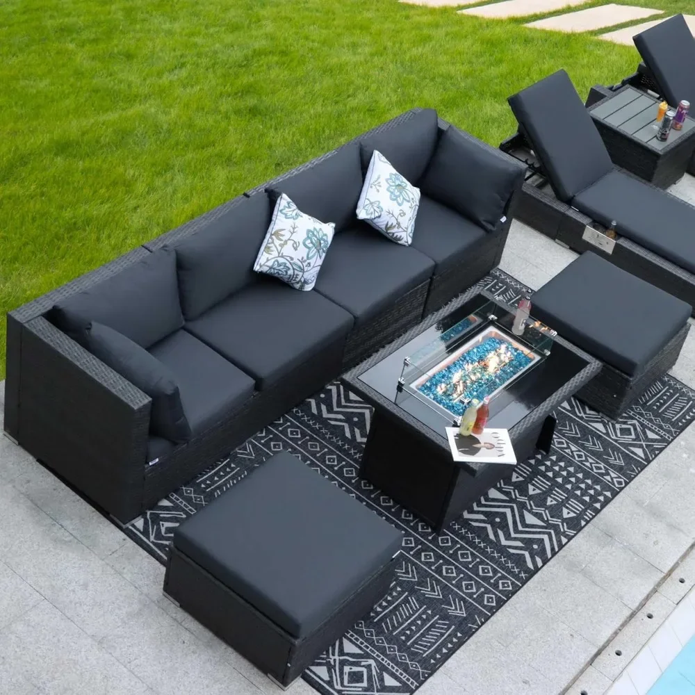 Outdoor Patio Sofa,with Natural Gas/Propane Fire Pit Table,7 Pcs Large Size Outdoor Wicker Conversations,patio Furniture Set