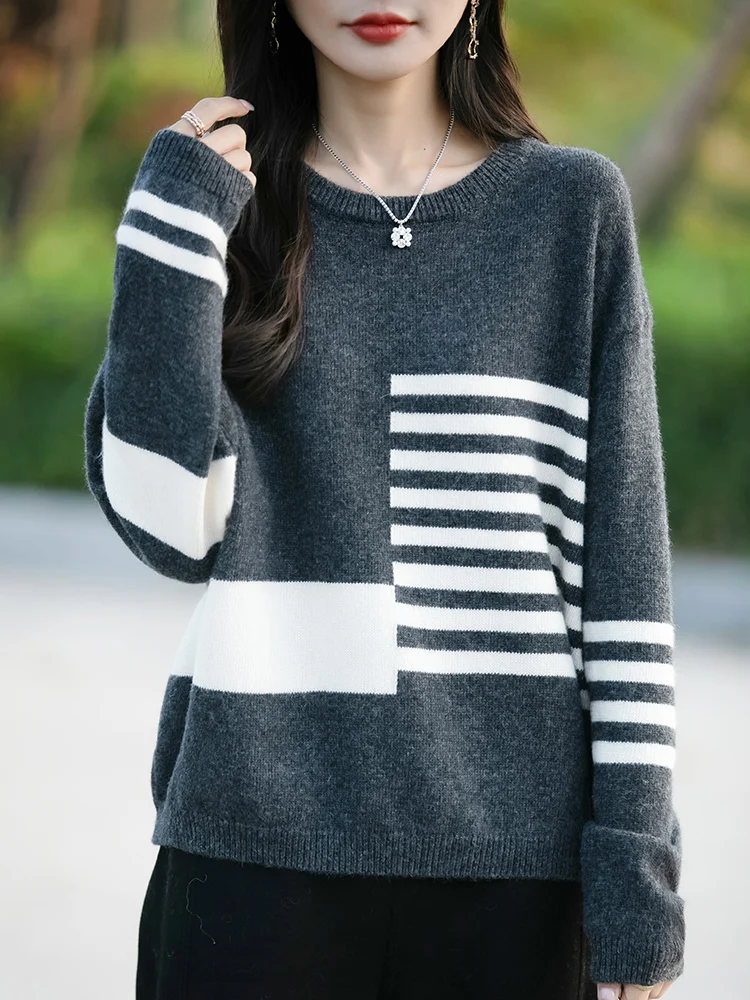 Women Fine Wool Color Blocking Sweater O-Neck Stripe Pullover Bottoming Loose Clothing Autumn Winter Casual Warm Knitting Top
