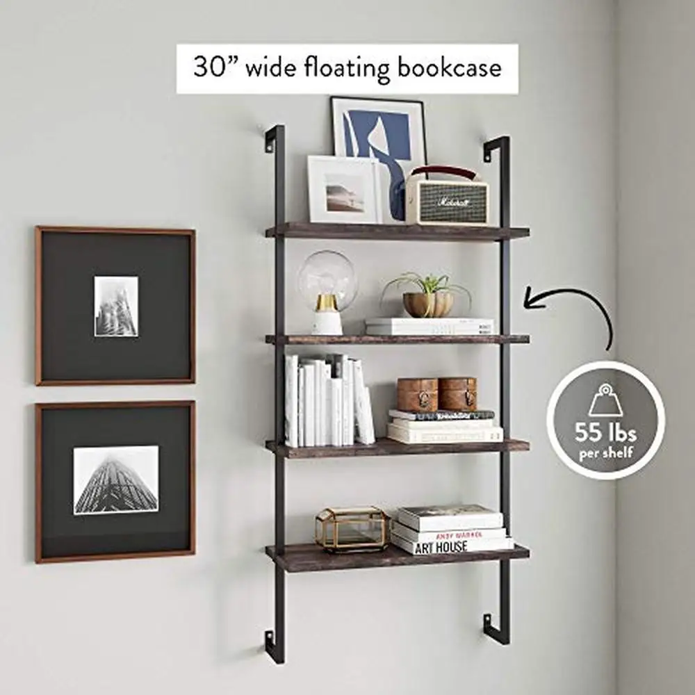 4-Tier Industrial Pipe Frame Floating Wall Mount Bookcase with Natural Wood Keyhole Wall Mount Adjustable Shelves Office Kitchen