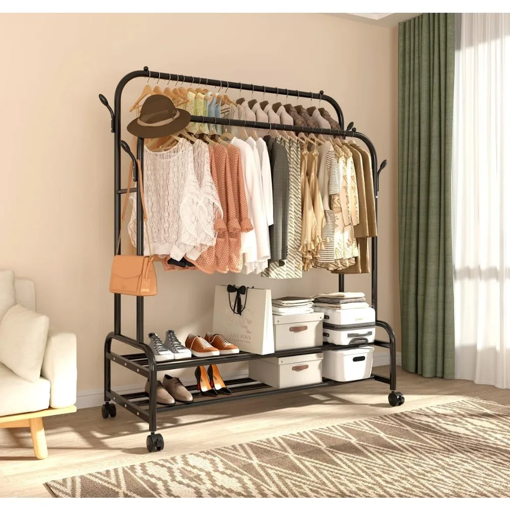 Portable Clothing Rack With Shelves & Hooks Multifunctional Wardrobe Sturdy Metal Double Rodding Clothes Rack With Wheels Black