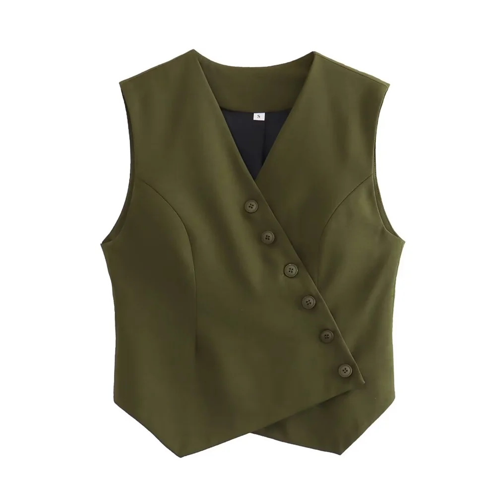 PB&ZA 2024 Spring New Button Decor Asymmetric Vest Double Pocket Workwear Pants Commuter Two Piece Set