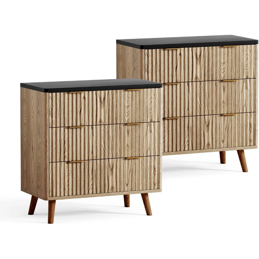 

pair of modern 3-drawer nightstands with fluted panels and curved profiles, 32" tall wood bedside tables for bedrooms