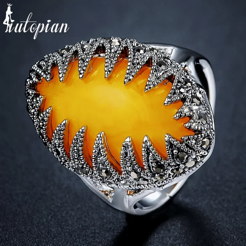 Iutopian Brand 2024 New Arrival Retro Vintage Ring with Yellow Resin for Party Jewelry #RB3566