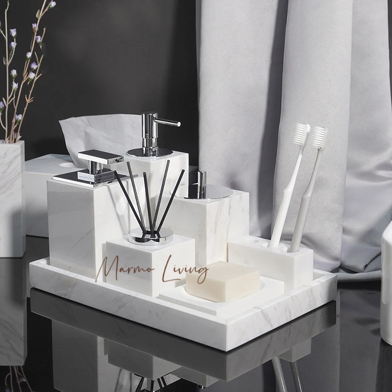 

Volakos White Natural Marble Bathroom Set Soap Dispenser Soap Dish Reed diffuser Tissue Box Vanity Tray Bathroom Accessories