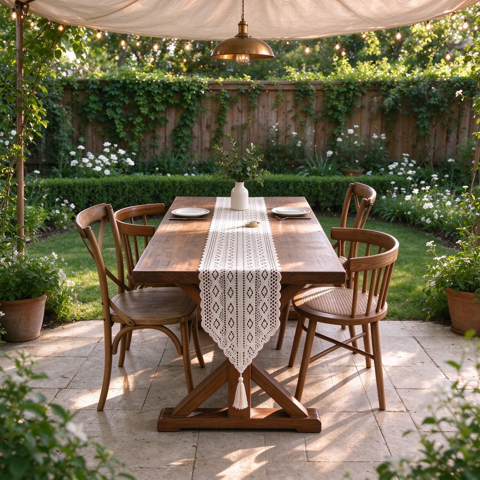 1PC French Style Off White Vintage Hollow Crochet Tassel Table Runner, Suitable for Dining Tables & Entryway Consoles