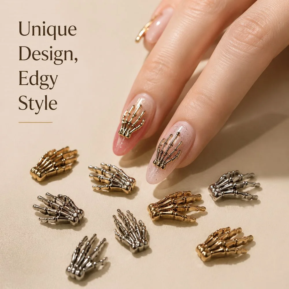 10Pcs 3D Alloy Skeleton Hand Nail Charms Retro Skull Hand Nail Ornaments Gothic Halloween Decoration For Acrylic Nails DIY Craft