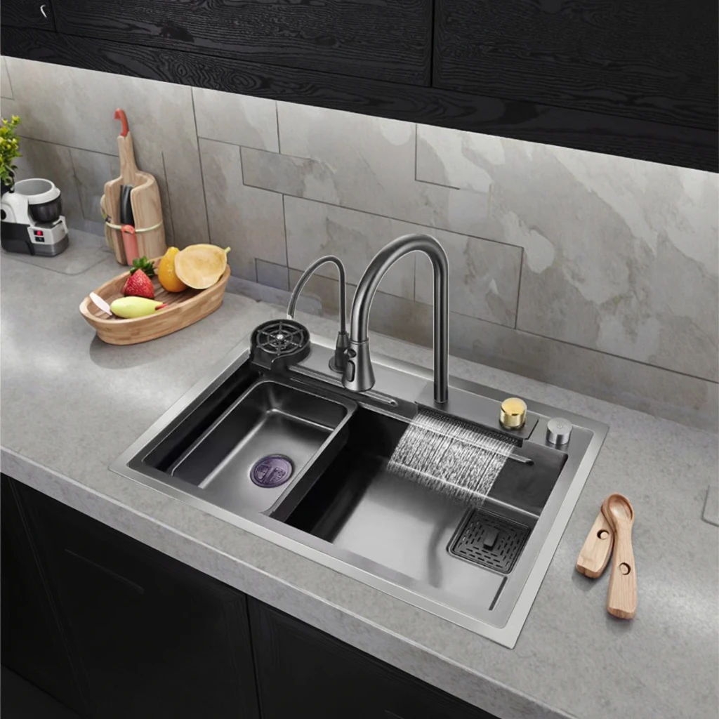 Lavello da cucina multifunzione a vasca singola in acciaio inossidabile, rubinetto con montaggio quadrato, trattamento superficiale nano, scolapiatti sottopiano