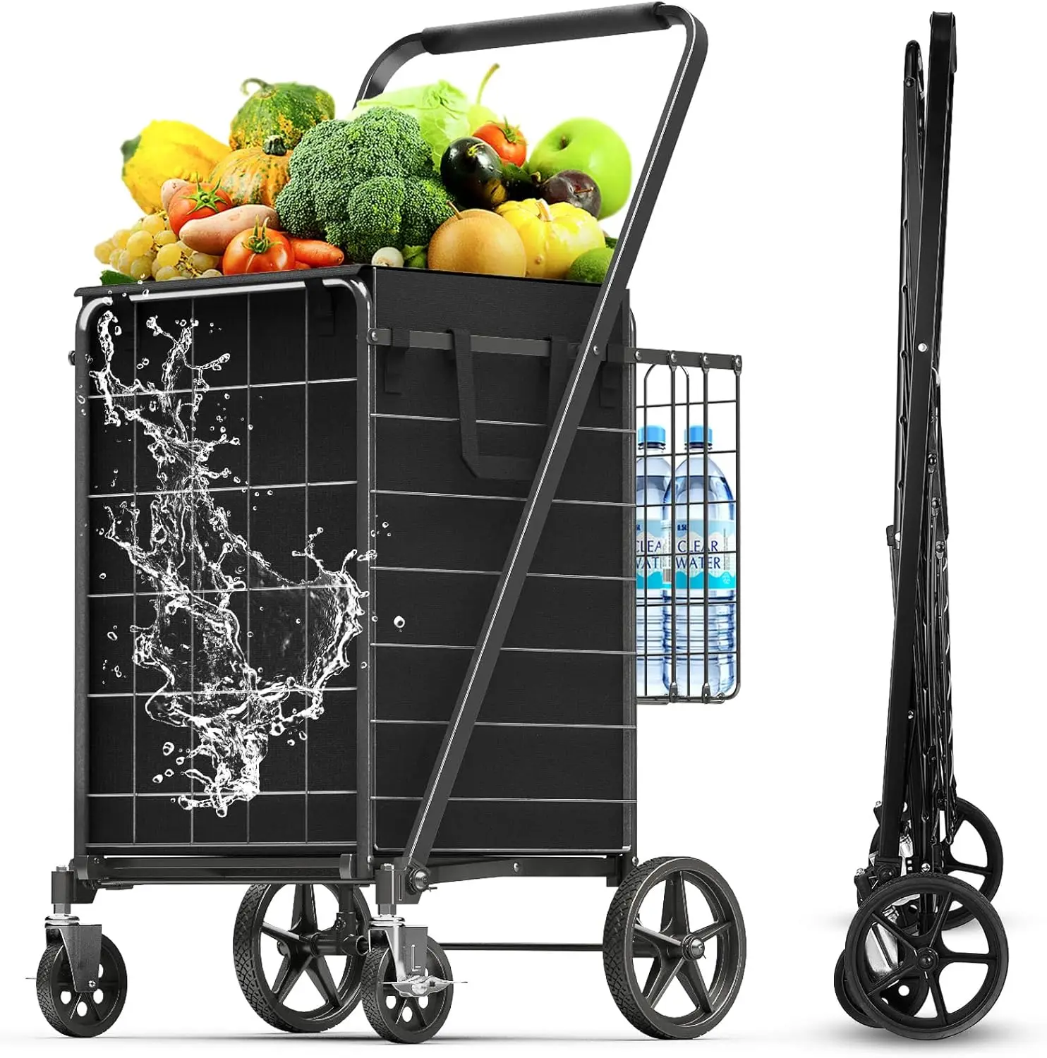 

4.3 Cu Ft Folding Shopping Cart with 360° Braked Wheels, Double Basket & Removable Liner for Grocery and Laundry