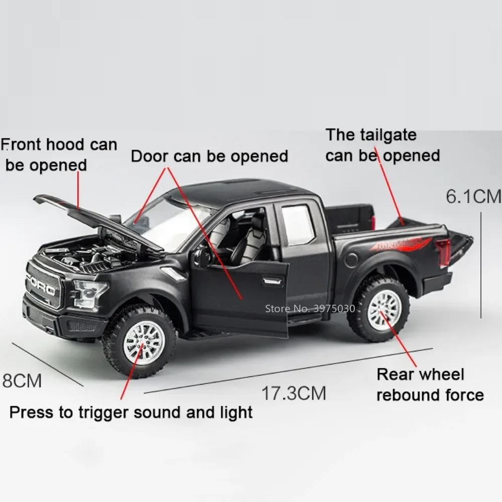 1:32 Scale Alloy Model Car Raptor F150 Pickup Diecast Metal Off Road Vehicle Sound Light Pull Back Toy Collection for Kids Gifts