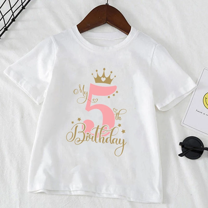 Kids T Shirt Birthday Numbers 1-10 Crown Shirt Summer Girls Birthday Tops White Short Sleeve Wild Tees Children Party Clothes