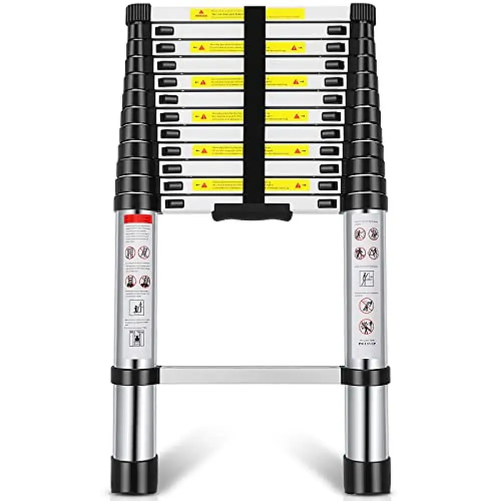 12.5FT Aluminum Telescoping Ladder Folding Portable Multi-Purpose Indoor Outdoor Work Stable Locking Mechanism Rubber Feet