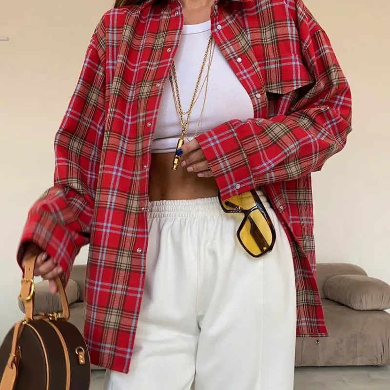 Trendix Fall Plaid Cardigan Shirts For Women 2025 New Street Casual Loose Long Sleeve Long Coats Autumn Basic Commuting Jacket