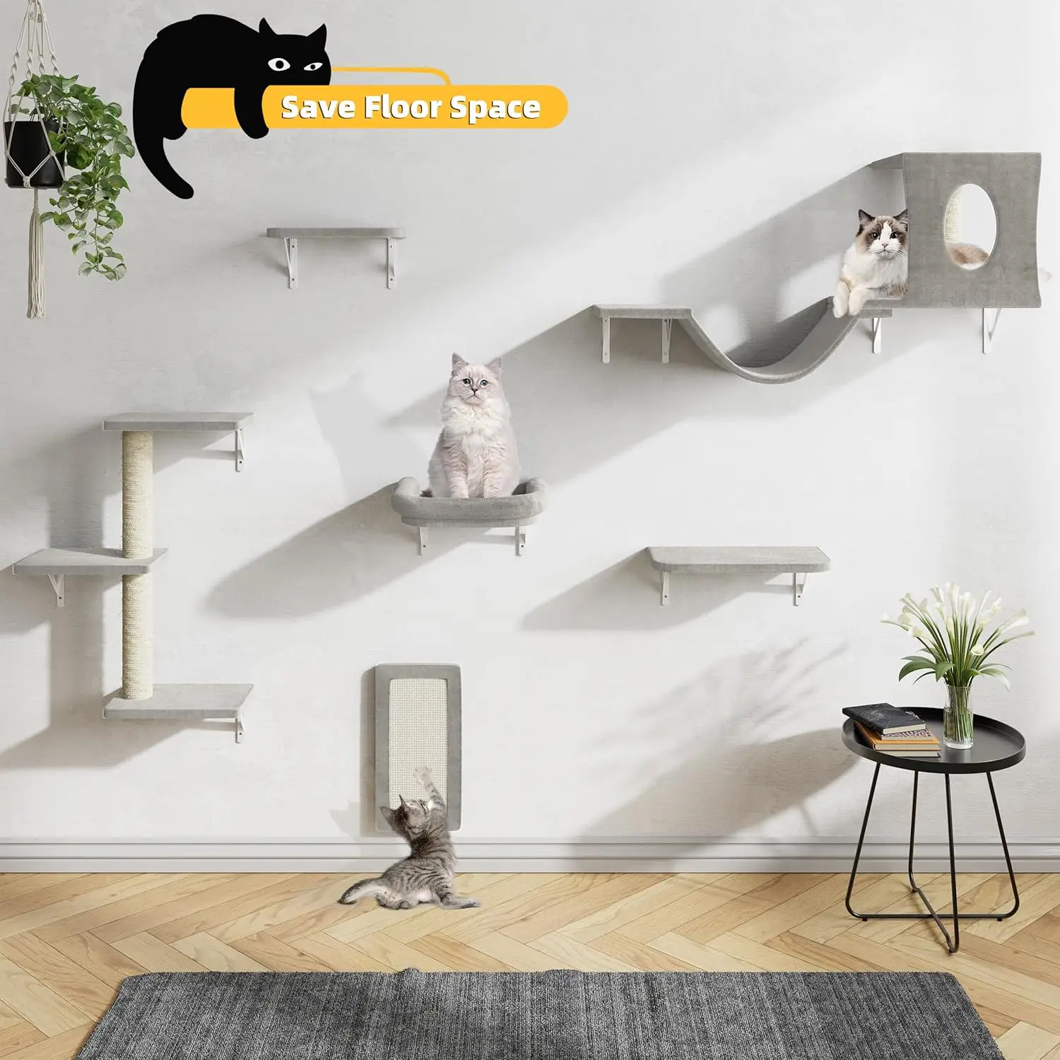 Indoor Cat Wall Furniture Set, Wood and Fabric, Gray, 6 Pcs DIY Climber with House and Scratcher