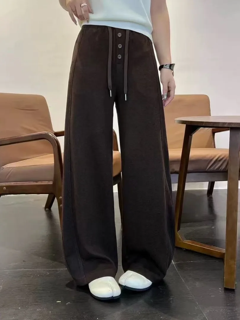 

Осенне-зимние модные универсальные брюки с широкими штанинами и эластичным поясом, утепленные, повседневные, для женщин больших размеров