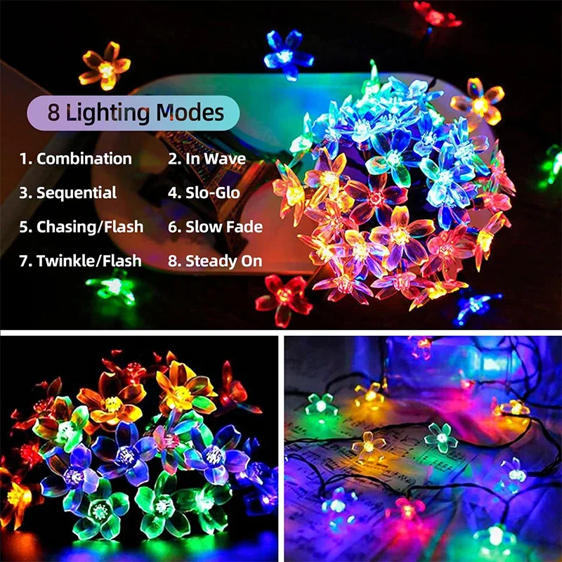 Outdoor LED String Lights para jardim, luzes solares, impermeável, flor de cerejeira, cerca, pátio, quintal, gramado, festa, decorativo, 8 modos, 50 luzes