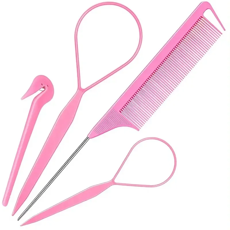 3/4Pieces Pink Hair Styling Set Rubber Band Cutter Mouse Tail Comb Hair Styling Tools Hair Braid Accessories Ponytail Maker Kits