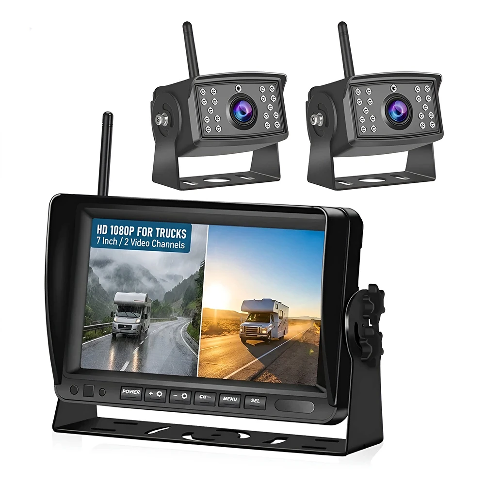 Digital Wireless Backup Camera 7 Inch IPS Monitor 2 Channel DVR 1080P IR Night Vision Rear View Cameras for Truck RV Trailer Bus