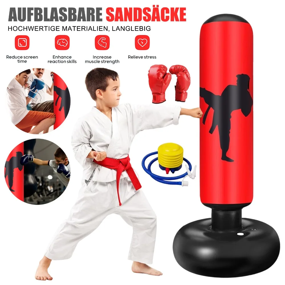 Ensemble de jouets d'entraînement de boxe pour enfants, intérieur/extérieur, sac de frappe gonflable autoportant avec base rechargeable, gants assortis et pompe de gonflage inclus pour les garçons et les filles, pour le sport quotidien