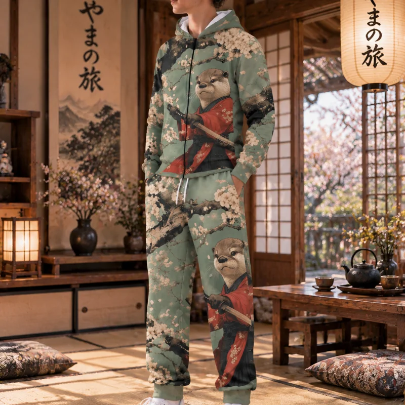 Men's Samurai Otter Tracksuit 2Pcs Set Cherry Blossom Print Zip Up Hoodie Sweatpants Japanese Anime Streetwear view 5