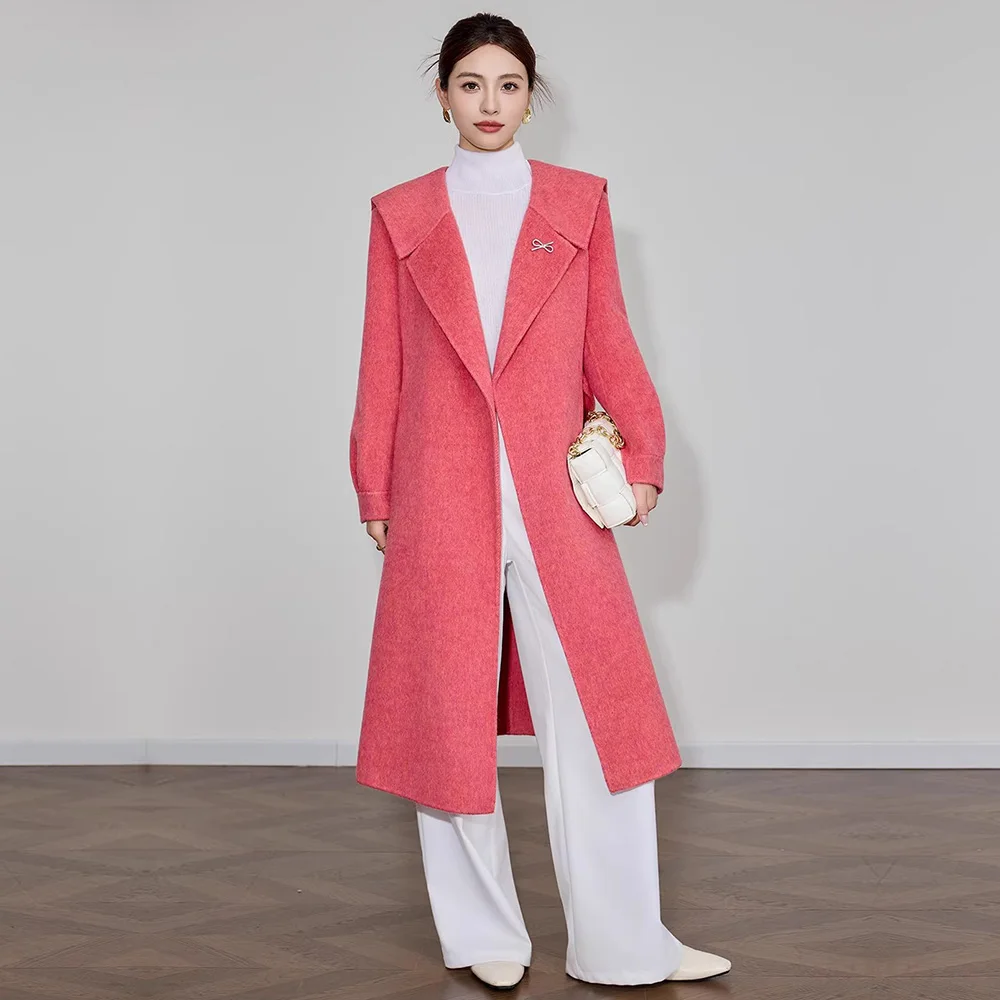 

Новое женское двустороннее шерстяное пальто, весенне-осеннее модное длинное шерстяное пальто с отложным воротником и широкой талией, элегантное шерстяное пальто