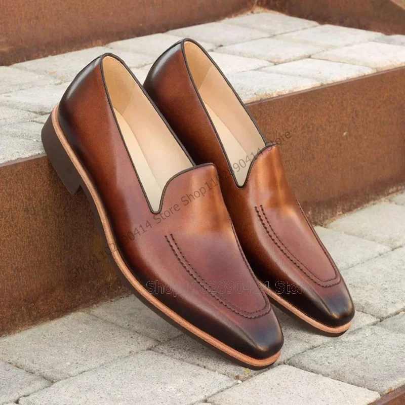 

Brown Gradient Color Sewing Design Sqaure Toe Loafers Fashion Slip On Men Shoes Luxurious Handmade Party Office Men Dress Shoes