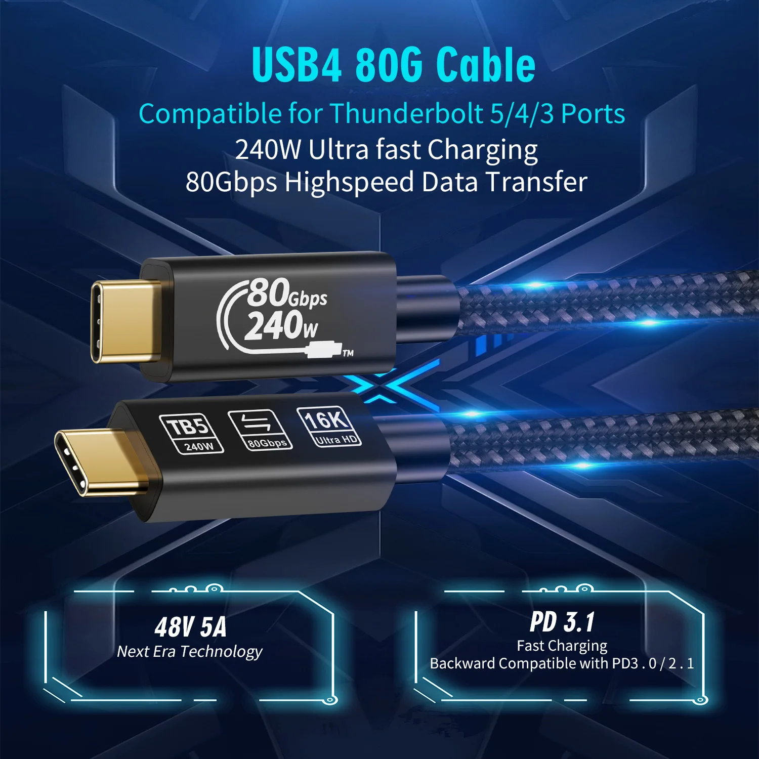 Minisopuru USB4 Type-C Cable 80Gbps Data Thunderbolt 5 Extension line PD 240W Fast Charging 16K HD Video Cable For USB C Equipme