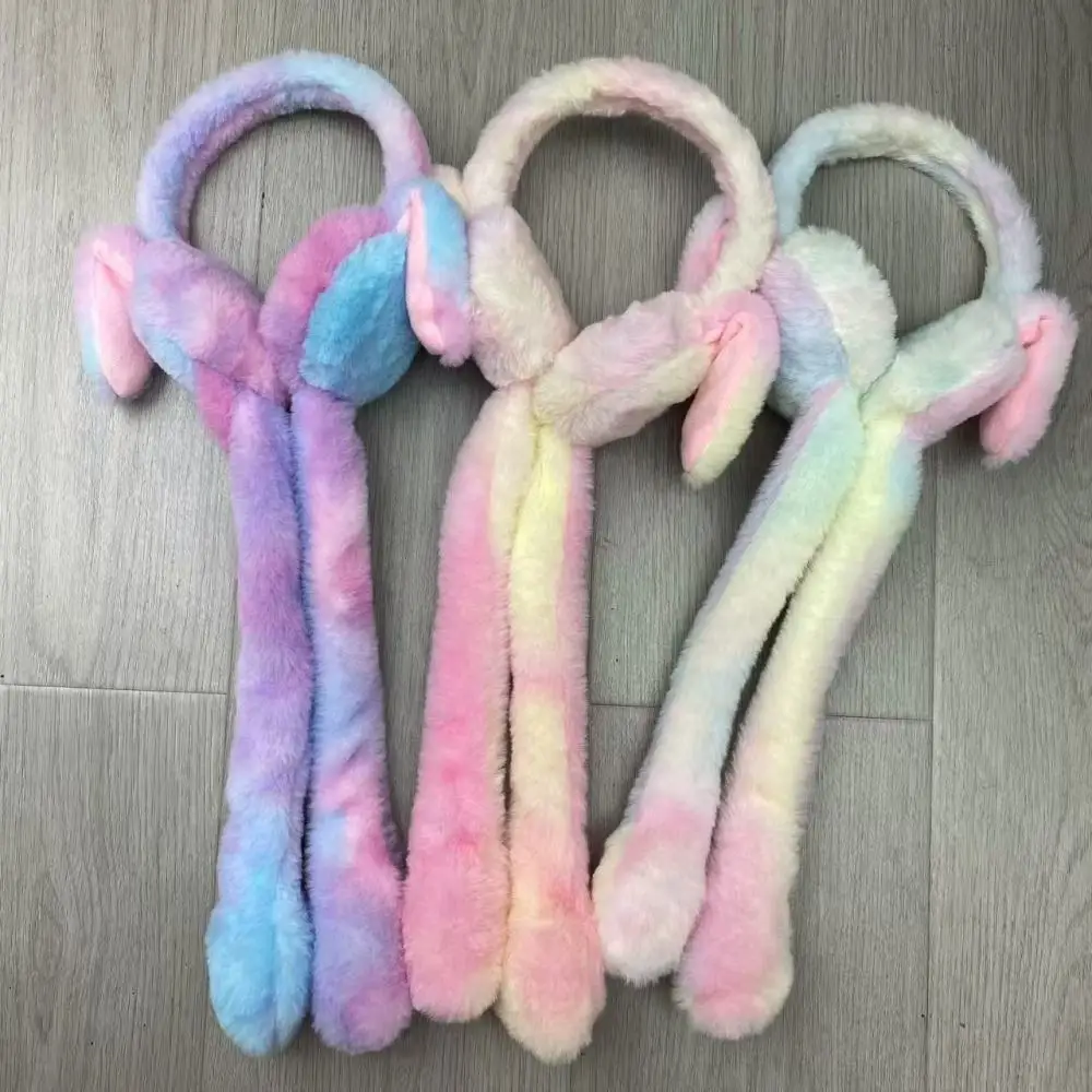 Moving Ear Rabbit Earmuffs Glow In Dark Plush Ear Warmers Cute Tie Dye Winter Protective Head Gear Soft Cold Resistant Muffs
