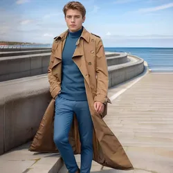 Men Trench Turn Down Collar Long Coat Button Jackets Full Sleeve Casual Solid Coats Straight Pocket Male High Street 2024