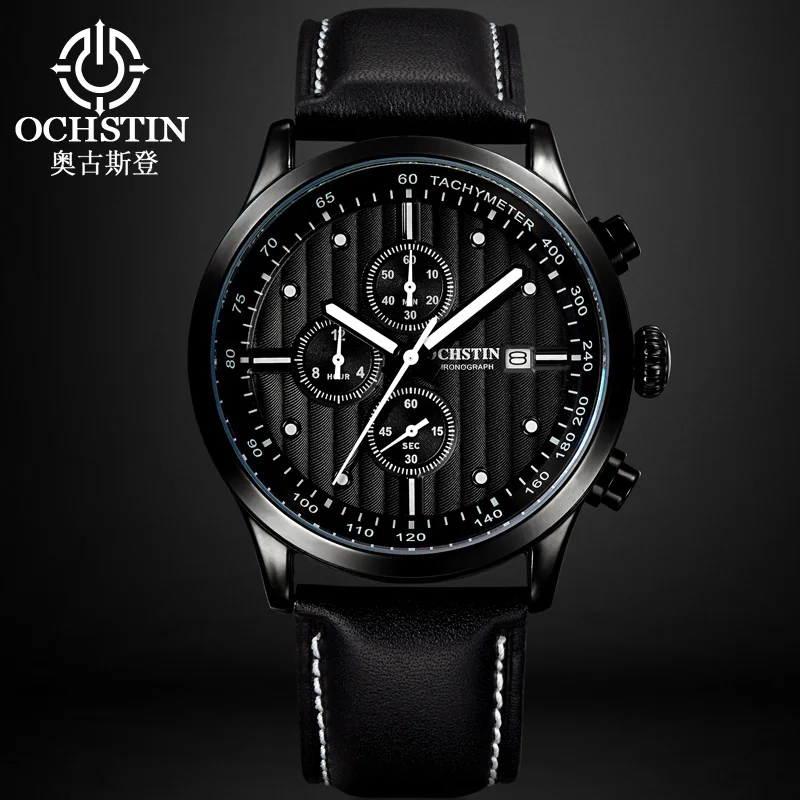 OCHSTIN Quartz Men Watch Date Chronograph Stopwatch Leather Strap Business Male Clock Sports Military Wristwatch Reloj Hombre