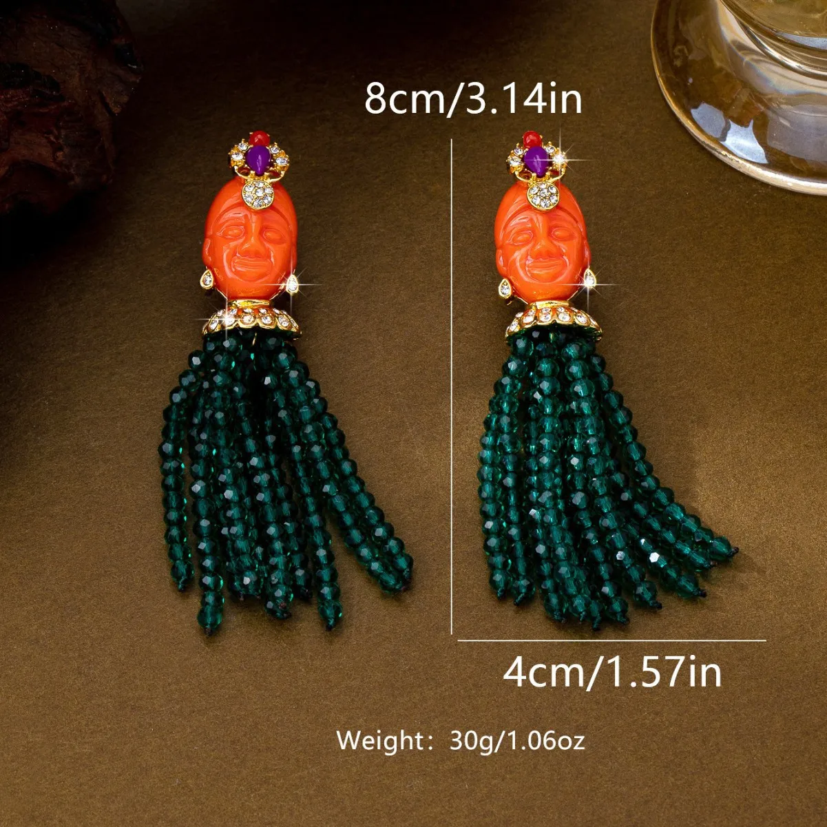 New Retro Resin Face Charm Green Bead Tassels Earrings Heavy Industry Statement Long Earrings Vintage Jewelry Christmas Earrings