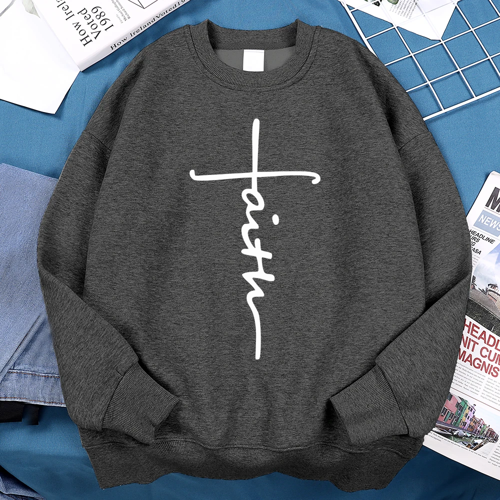 Faith Cross Letter Print Men Hoodie Harajuku Fleece Sweatshirt Loose Autumn Menswear Street Fashion Warm Hoodies Women Tops